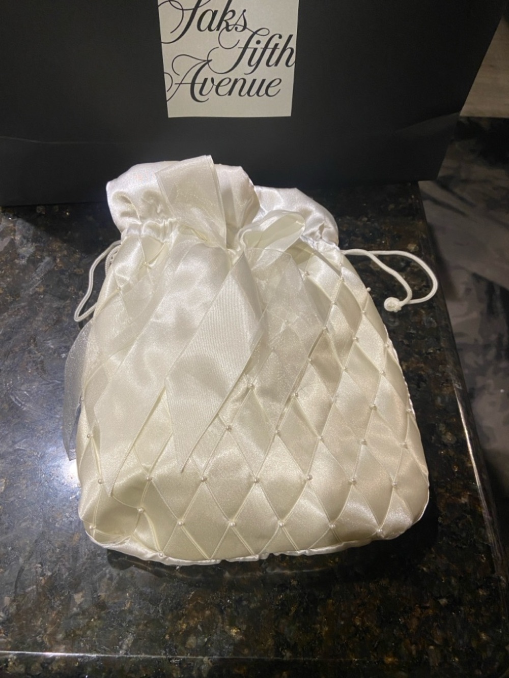 Bridal Ivory Satin Quilted diamond print Drawstring wedding Money pouch